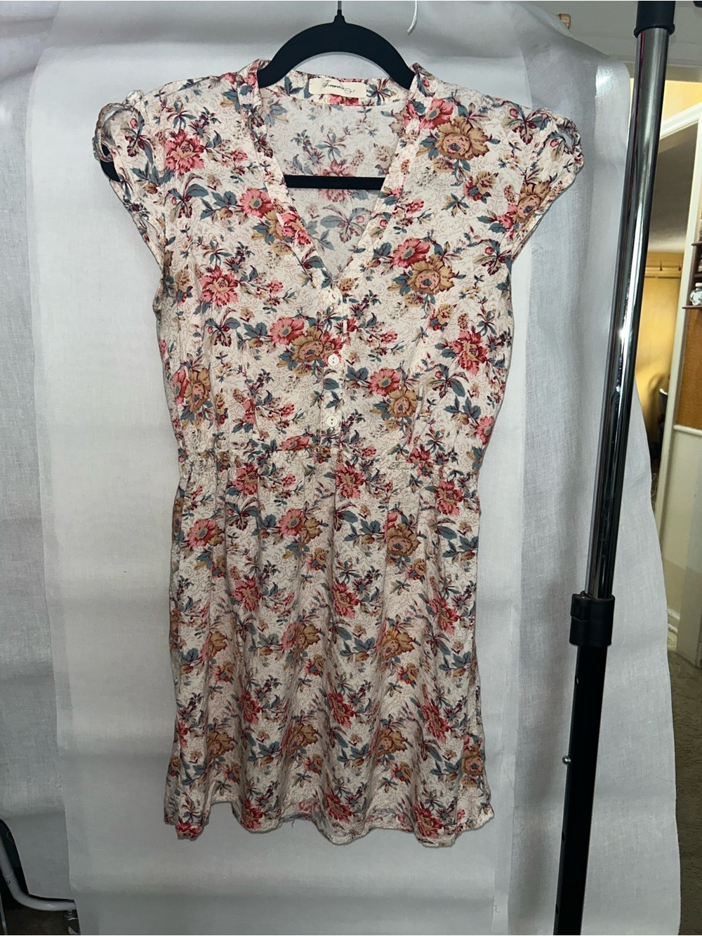 Forever 21 Cream Floral V-Neck Mini Dress with Pink, Yellow, Blue Accents